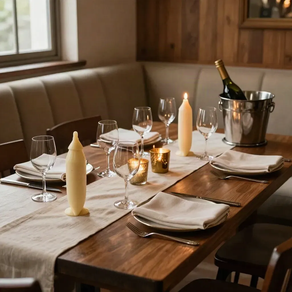 Private dining table set with chargers, napkins, votives, stemware and a bottle bucket