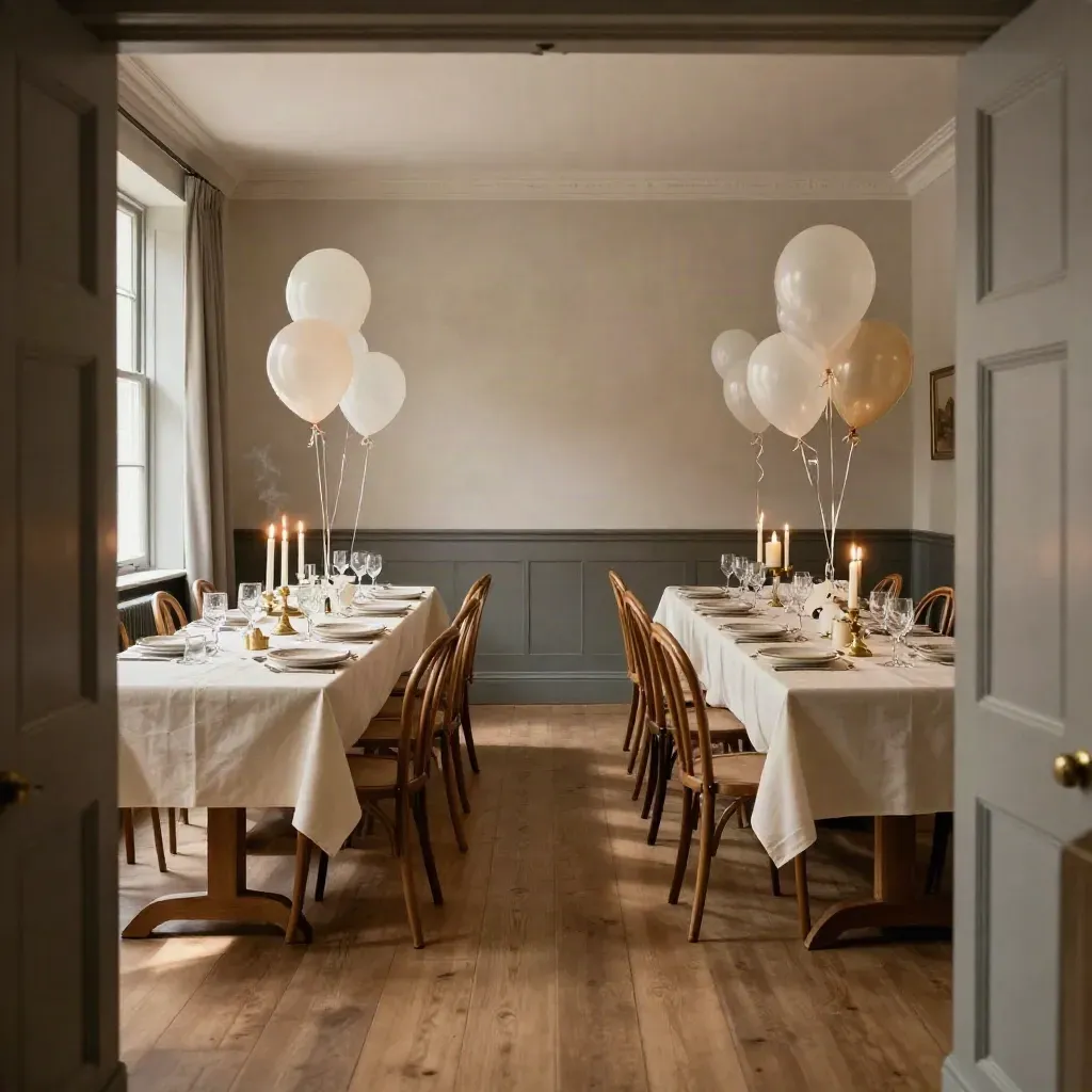 Set birthday back room with two long tables, balloons, cake stand, and place settings in warm light.