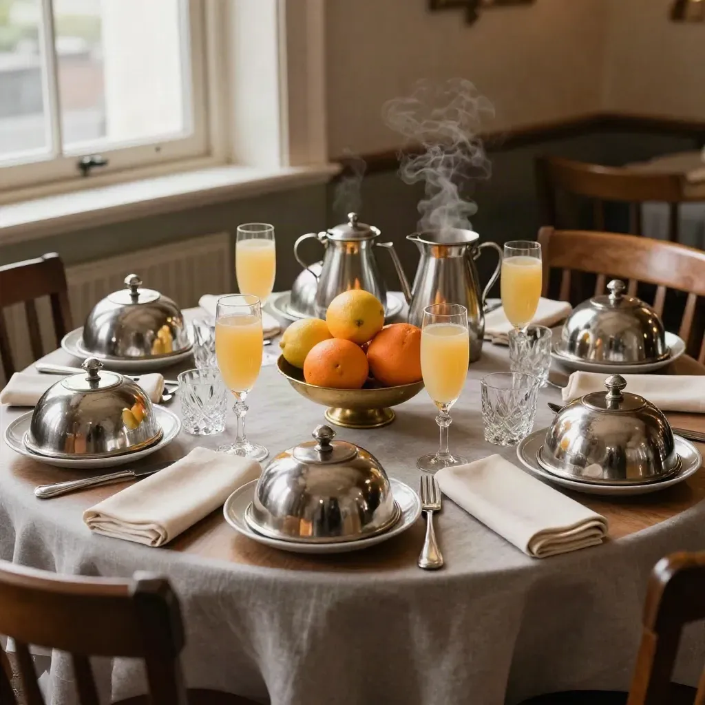 Brunch table for eight under silver cloches with coffee, mimosas, and citrus in a cozy pub nook.