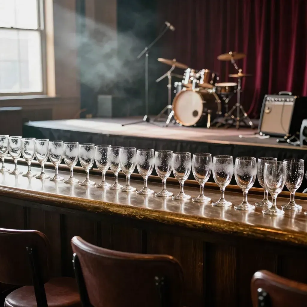 Empty pub stage with glass-lined bar rail, haze, and warm show-night atmosphere.