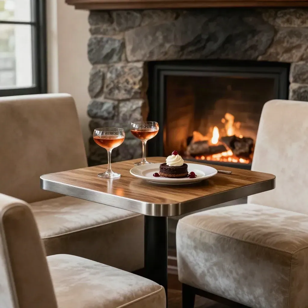 Empty velvet booth, stone fireplace, coupes and dessert for two in a quiet pub corner.