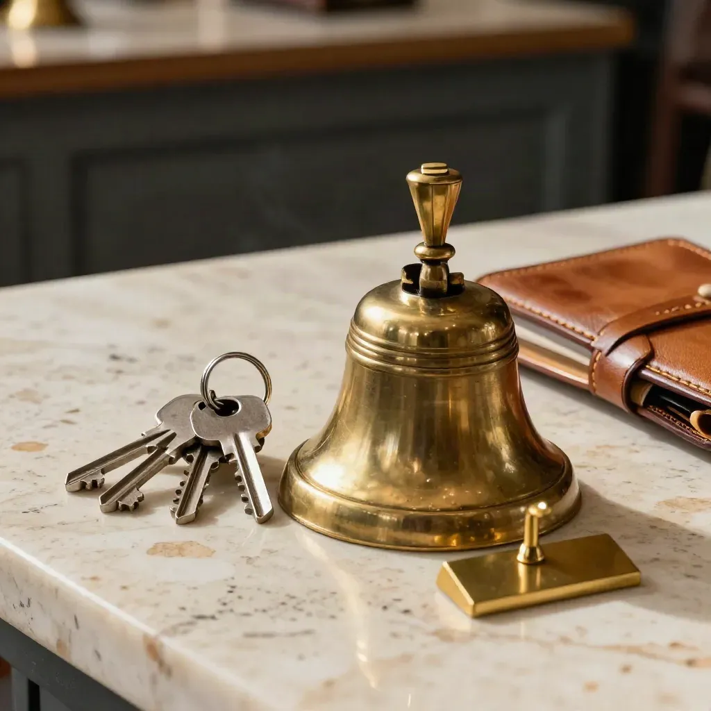 Brass host bell, keys, leather ledger, and table-marker base on travertine, macro close-up.