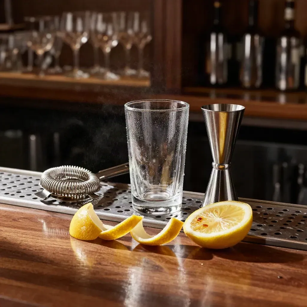 Cocktail tools fanned on brushed steel with citrus mist and amber sheen
