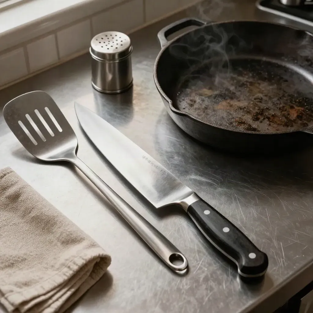 Chef's knife, fish spatula, cast-iron skillet, and salt cellar on a stainless prep surface.