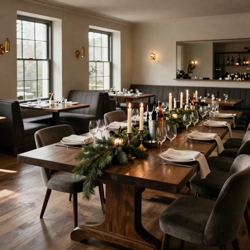 Empty holiday banquet table with candles, evergreen centerpiece, glassware, and bottle buckets in a moody pub room.