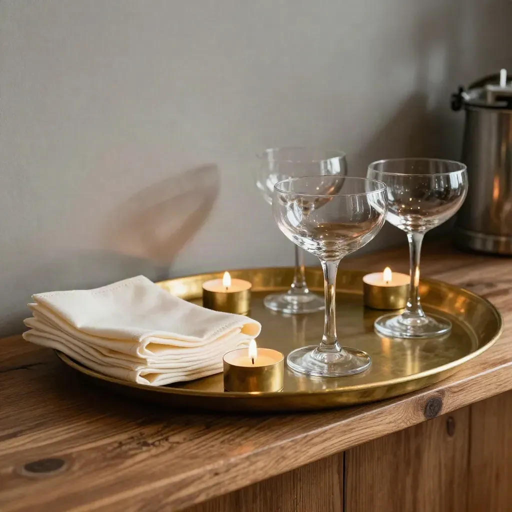 Brass table-marker stands, tea lights, napkins, and coupe glasses on a service tray