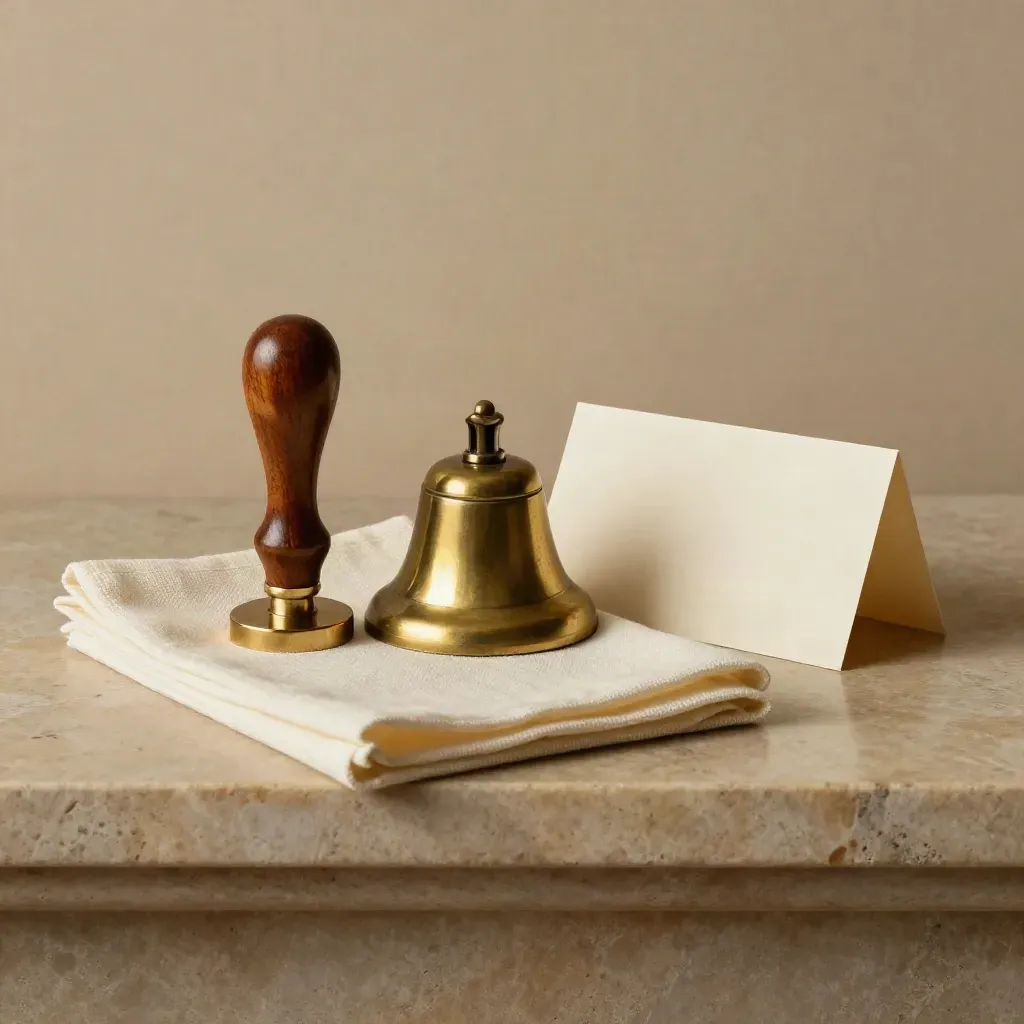Brass bell, wax seal stamp, folded linen and blank cards on a stone shelf
