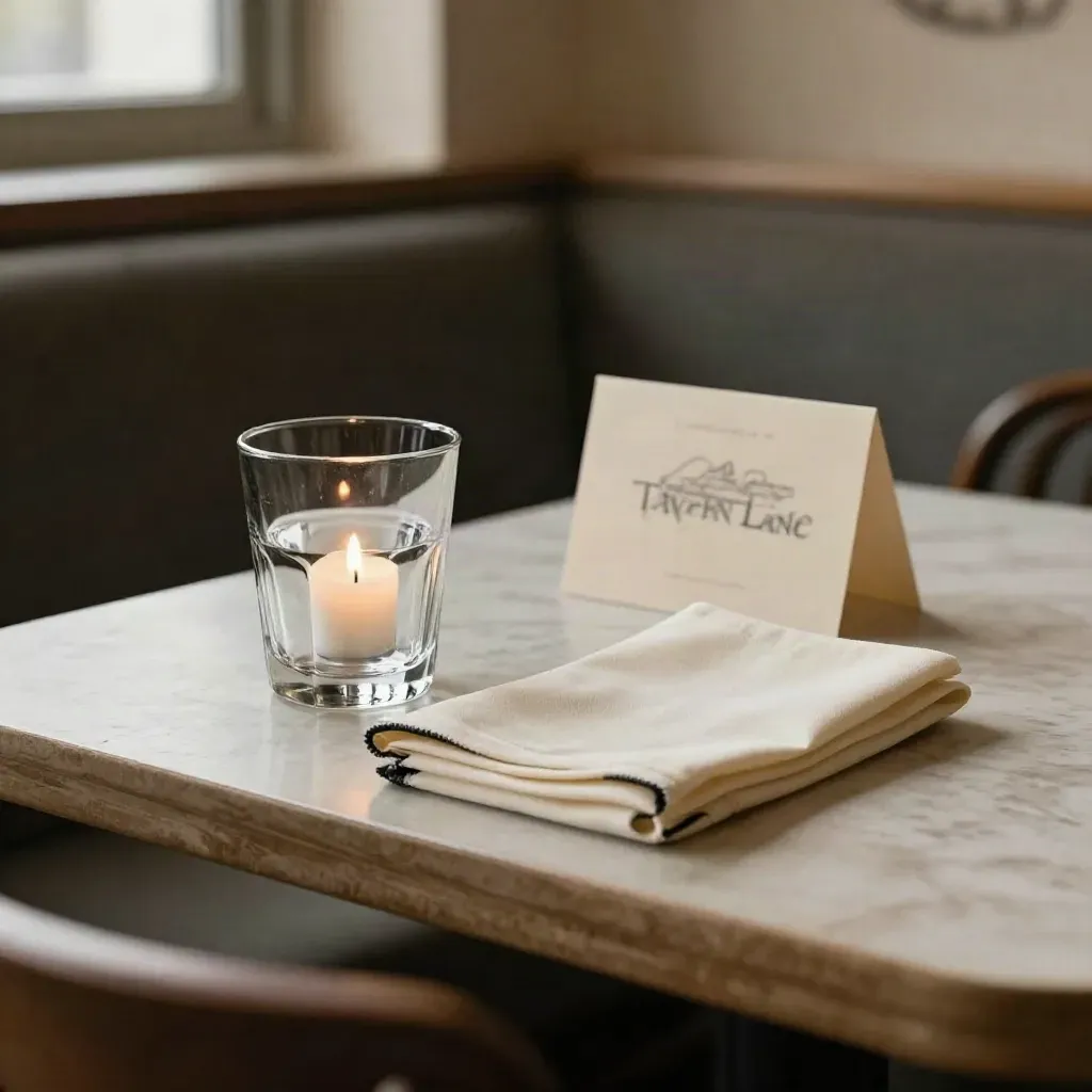 Booth corner still life with votive, water glass, napkin and pulled-back chair in soft light.