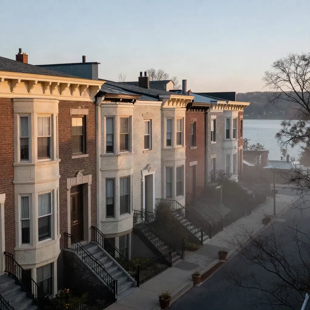 Blue-hour Lakeview brownstones above a misty tree-lined block and distant lake horizon