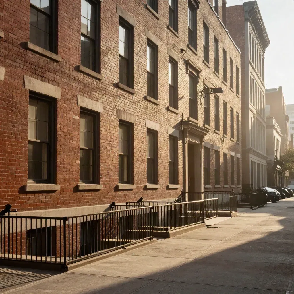 Golden-hour Wicker Park alley with brick façades and steel rails, calm open space below
