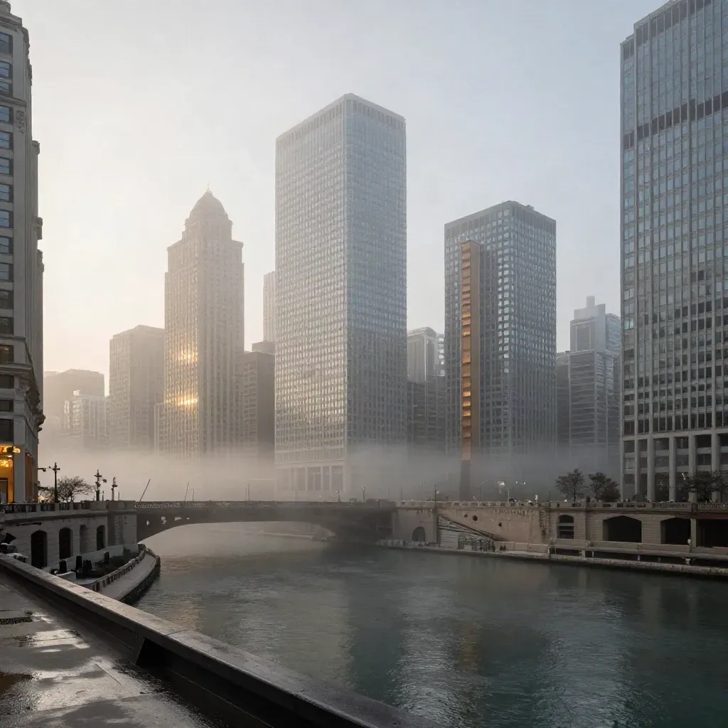 Foggy Chicago skyline and river reflections at dawn from a bridge, with calm copy space below.