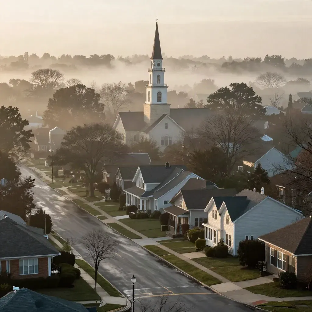 Foggy suburban rooftops and a church steeple above an empty street at dawn
