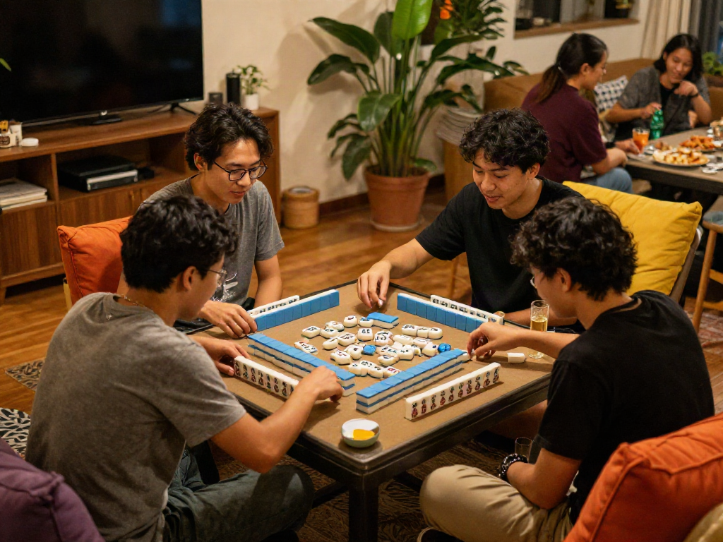 Enjoying a Mahjong game with friends, featuring MAHJONGJP88 dengan deposit QRIS in a cozy setting.
