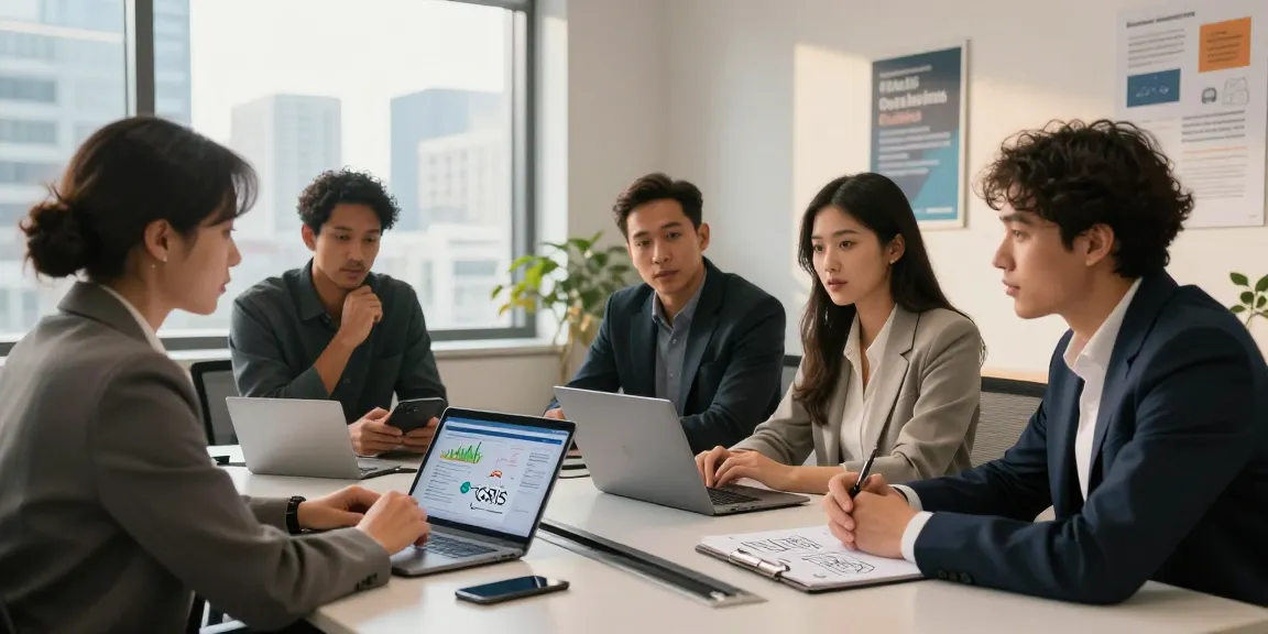 Professionals discussing slot qris integration in a modern business meeting room with city views