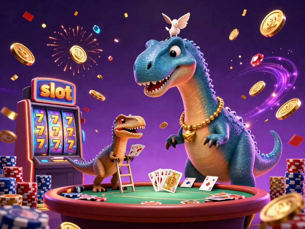 Menggandakan keseruan permainan slot dengan brontosaurus dan raptor di kasino, dikelilingi koin emas dan gem yang bersinar.