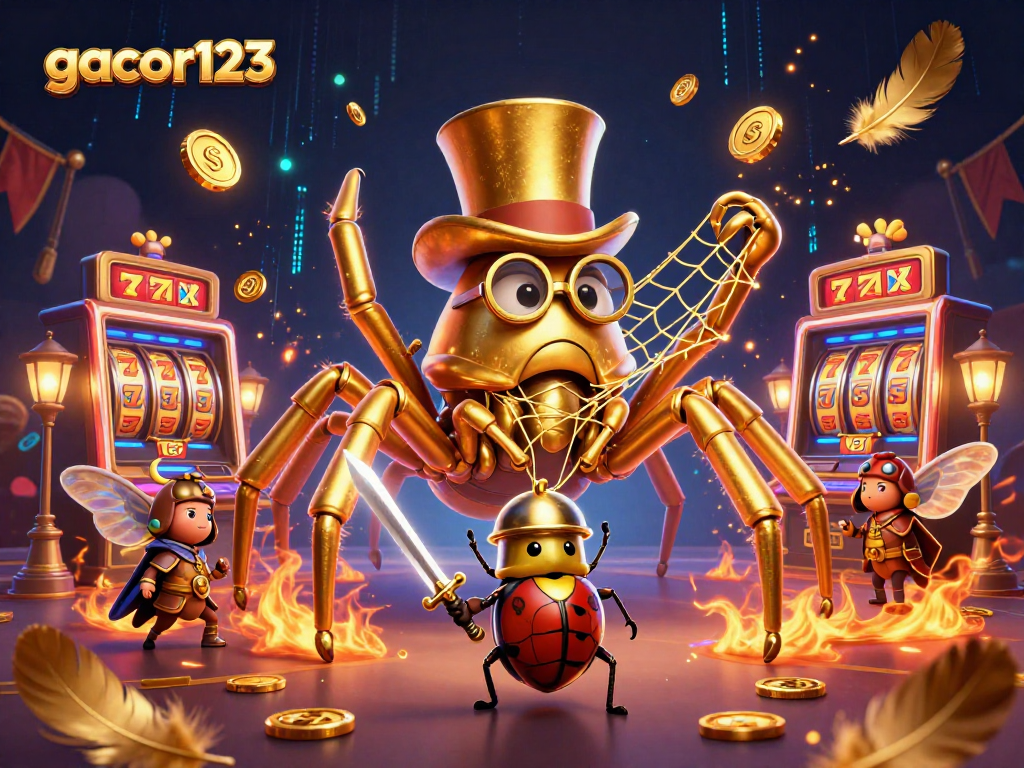 Engage with gacor123 as a giant tarantula weaves casino threads, showcasing thrilling slots and exciting gameplay.
