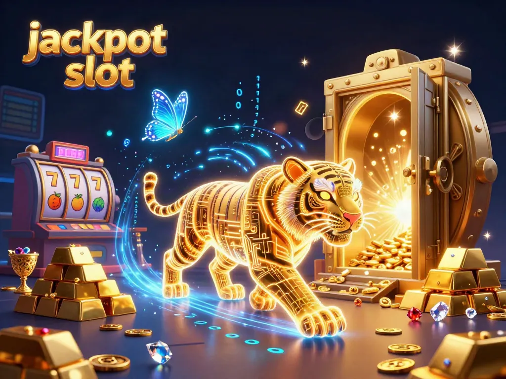 Engage with the jackpot slot experience through this vibrant 3D casino scene featuring a golden tiger and dynamic slot elements.