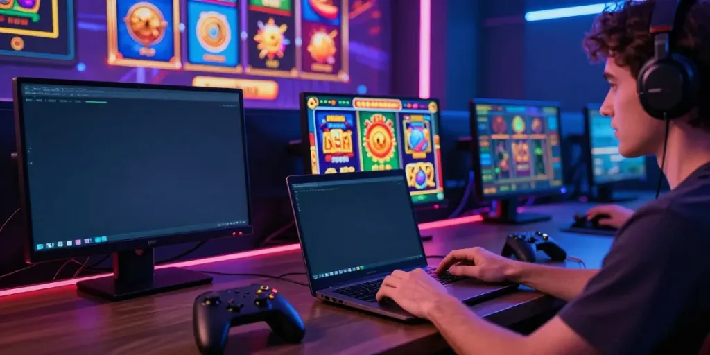 Exciting gaming setup featuring Slot MAHJONGJP88 gameplay on a laptop with vibrant graphics.