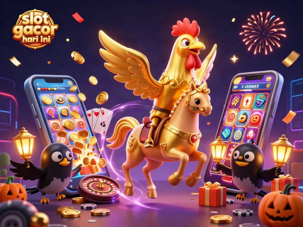 Experience the thrill of slot gacor hari ini with a colorful casino scene featuring a golden rooster hero.