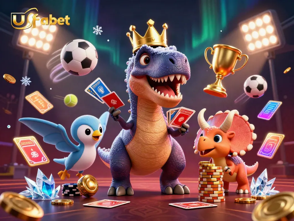 ภาพ 3D ที่แสดง T-Rex สวมมงกุฎทองกำลังเล่นไพ่ใน UFABET, มีการ์ดและชิปทองกระจัดกระจาย