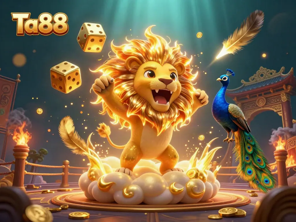Experience thrilling gameplay with Ta88's vibrant 3D digital illustration featuring an energetic lion and dynamic casino elements.