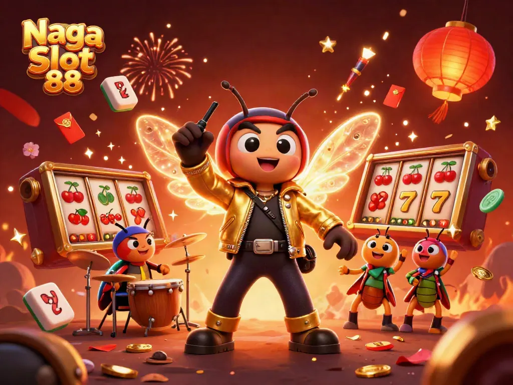 Naga Slot 88 features a vibrant scene with a rock star cicada, animated slot symbols, and festive fireworks.