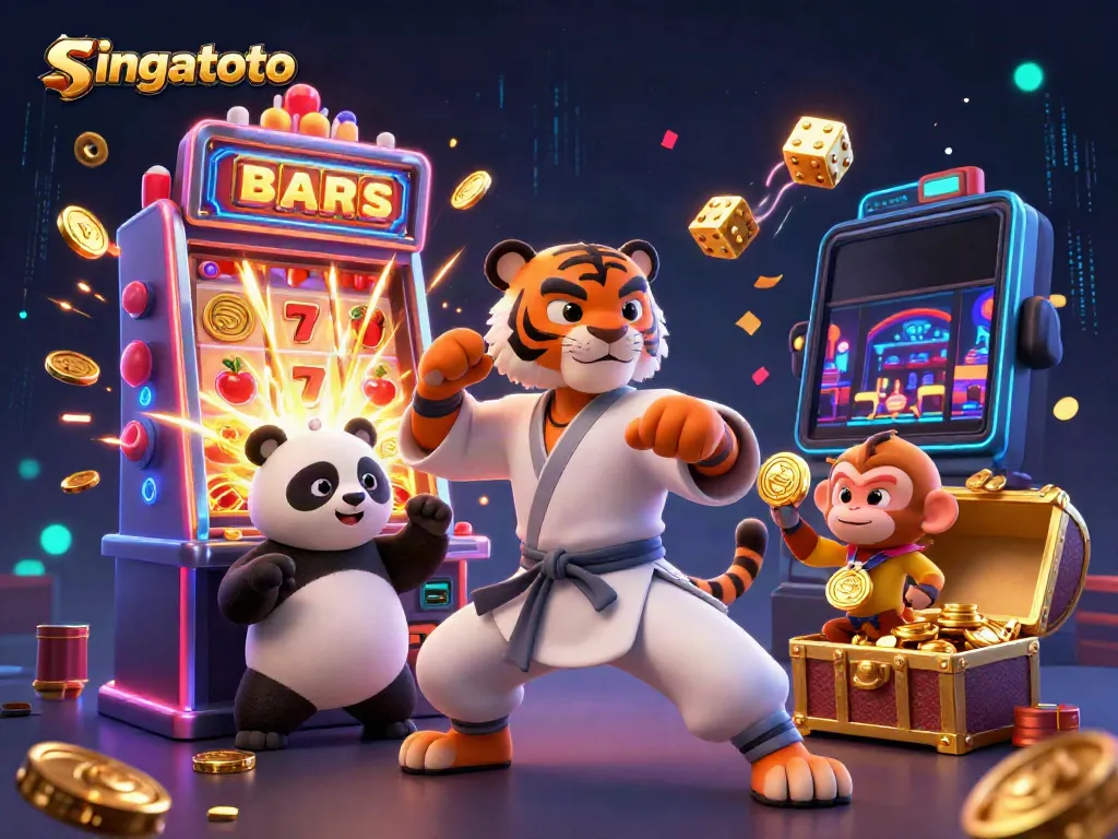 Experience the thrilling action of singatoto with a kung fu tiger master amidst a vibrant casino scene.
