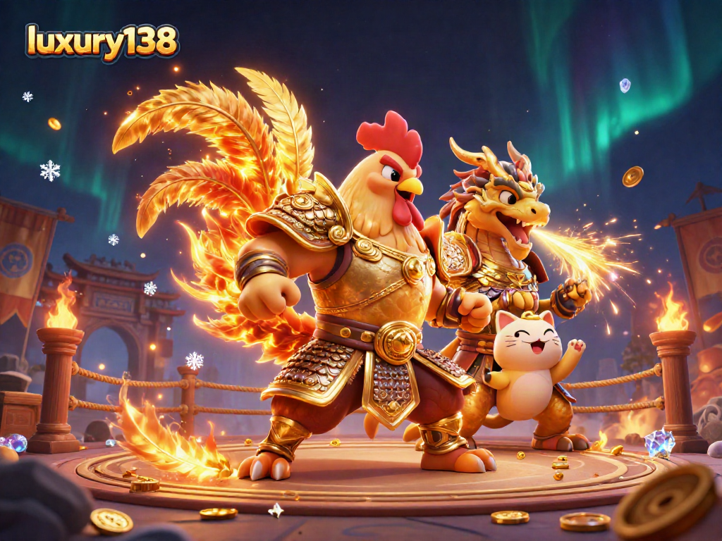 Menangkan permainan di luxury138 dengan ilustrasi 3D ayam jantan dan naga dalam arena pertempuran!