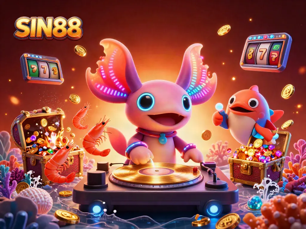 SIN88 casino illustration showcasing a vibrant underwater scene with a neon DJ, treasures, and gambling elements.