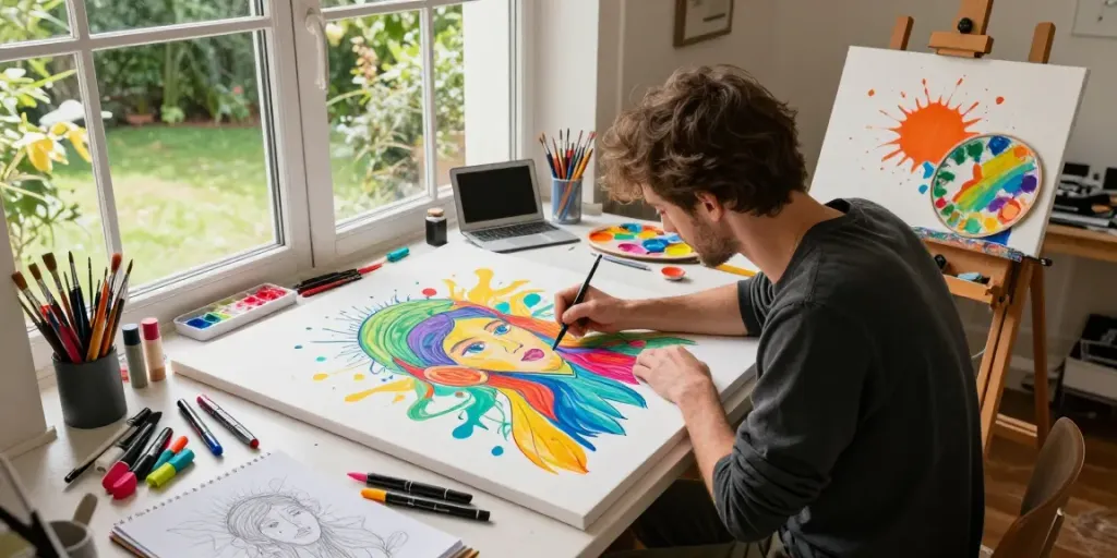 Markers wholesale showcased in a vibrant artist's workspace with colorful tools and creative energy.