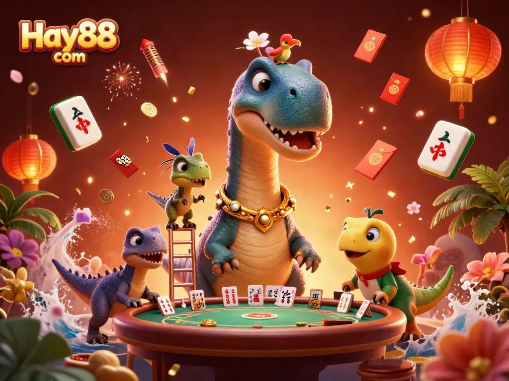 Engage in thrilling games at Hay88 com, where a towering brontosaurus oversees a vibrant casino scene.