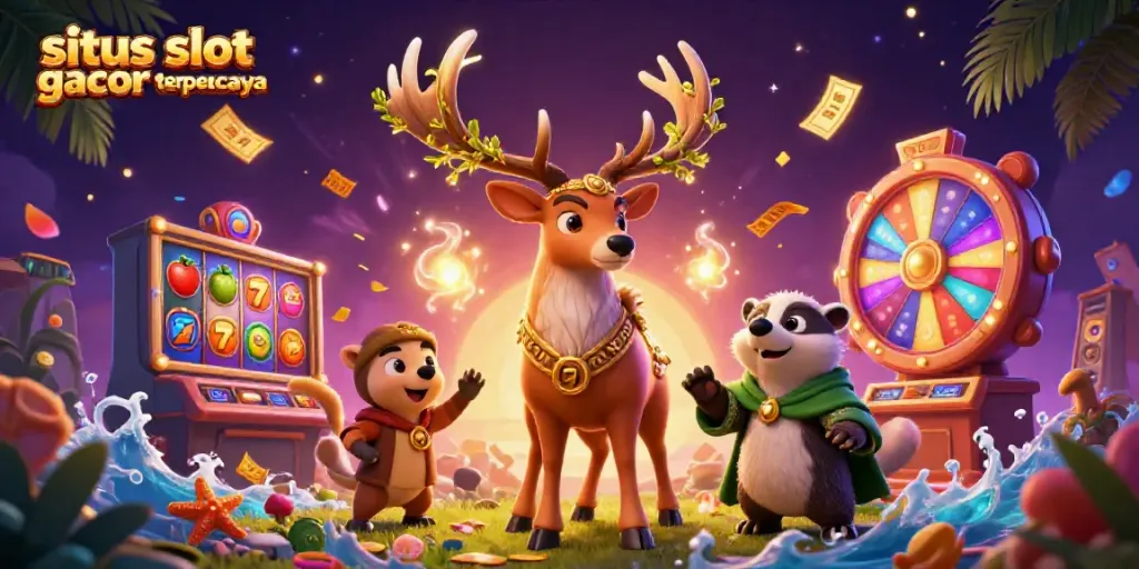 Experience the excitement of situs slot gacor terpercaya with a whimsical 3D illustration of a Celtic druid stag and badger among slot symbols.
