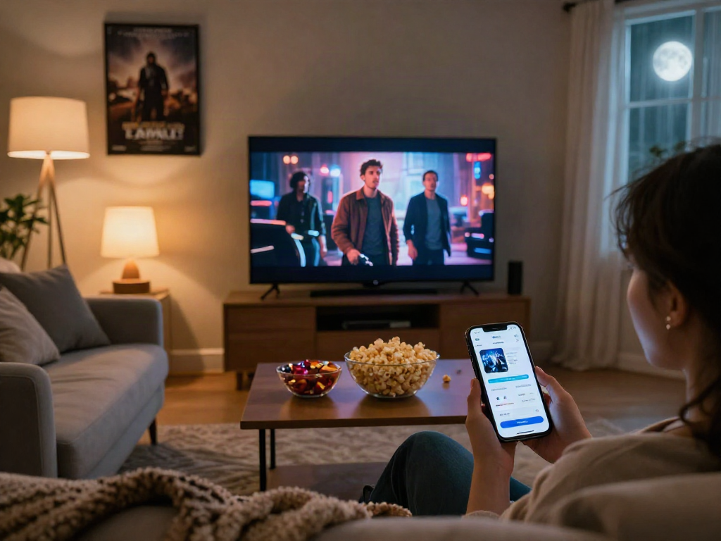 Moviebox app download on smartphone during a cozy movie night in a living room.