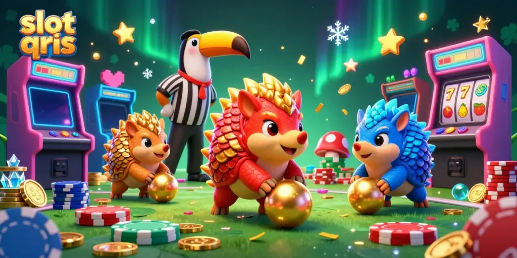 Join the excitement of slot qris with rival pangolins bowling through poker chips in a vibrant casino scene.