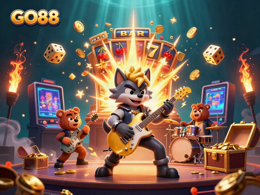 Experience the excitement of GO88 with cartoon characters in a dynamic casino setting featuring jackpots and colorful game elements.