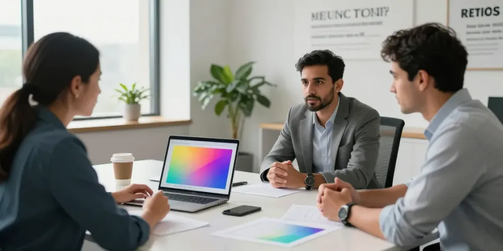 Michael Rustom consulting with a client in a modern office, showcasing collaboration and analytics.