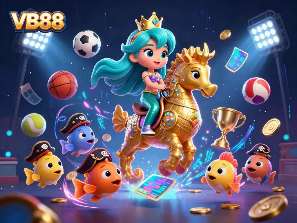 VB88's enchanting mermaid shows off thrilling casino elements in this colorful digital illustration.