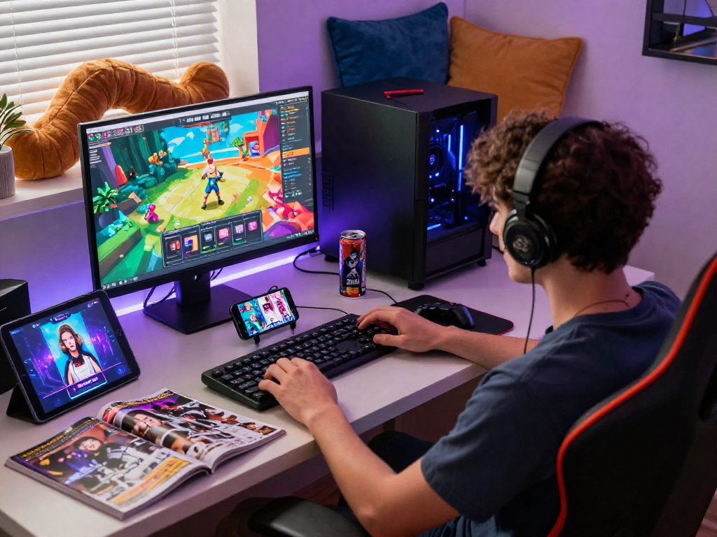 Immersive gaming scene featuring a user playing a popular porn game on multiple devices in a cozy environment