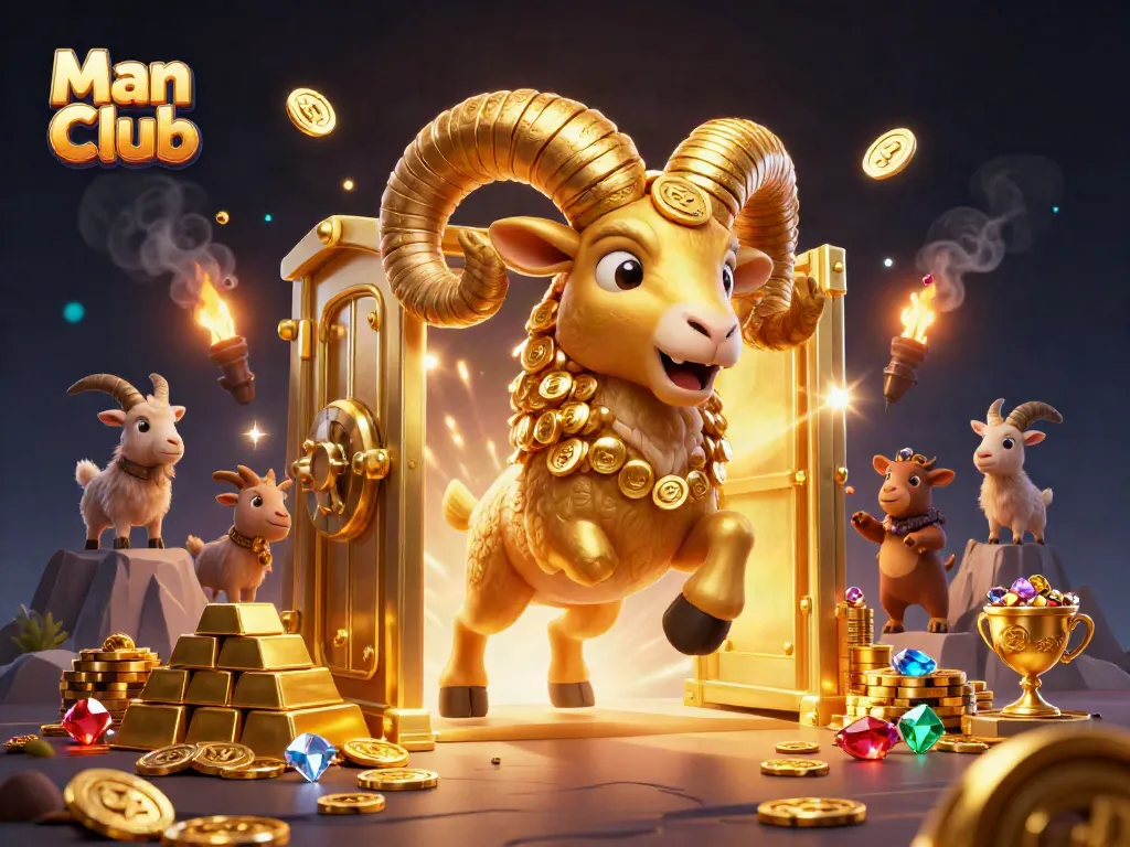 Engage with the dynamic Man Club casino world featuring golden ram and treasure in a vibrant illustration.