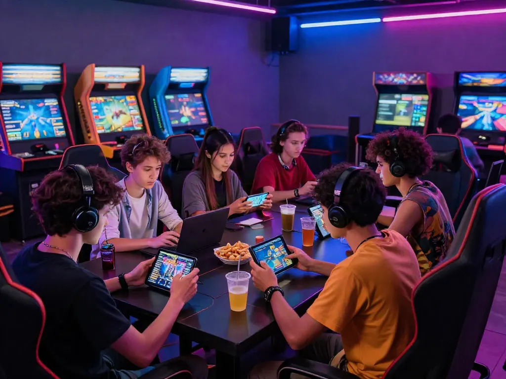 Friends enjoying PG SLOT games in a vibrant gaming lounge with LED lights.