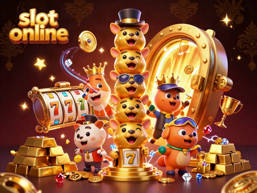Spin the reels and win big with slot online excitement in this vibrant 3D gambling scene.