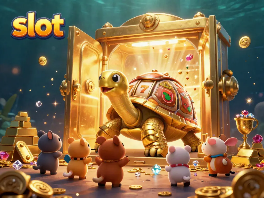Engage with the thrilling slot experience featuring a unique golden tortoise slot machine illustration.
