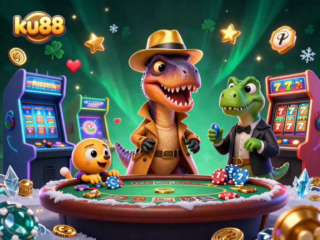 ku88 showcases thrilling gambling action with a velociraptor at the blackjack table, surrounded by vibrant game elements.