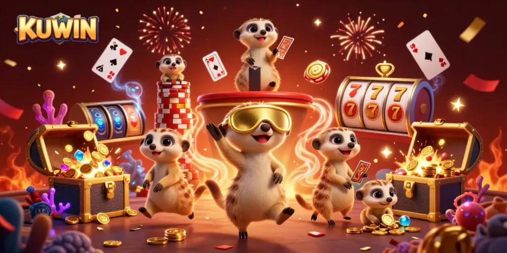 Engage in KUWIN's thrilling casino experience with meerkats in a vibrant 3D illustration.