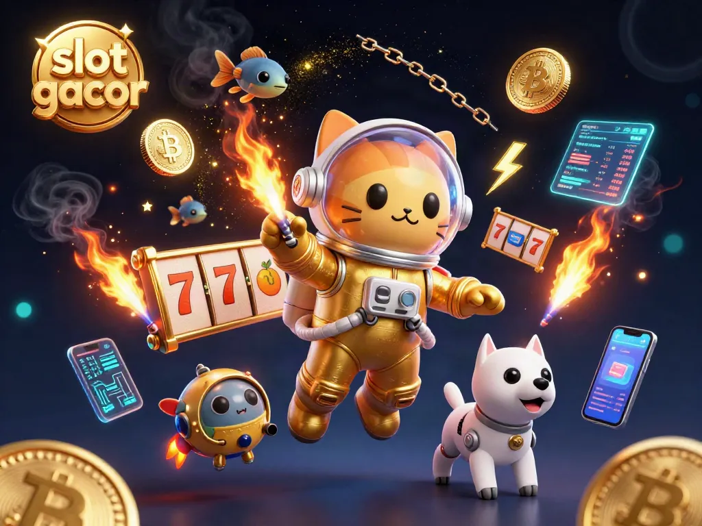Ilustrasi slot gacor dengan kucing astronot, anjing robot, dan elemen permainan yang dinamis