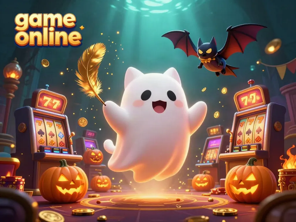 Engaging gameplay scene for game online, showcasing a ghost cat and vampire bat in a casino atmosphere.