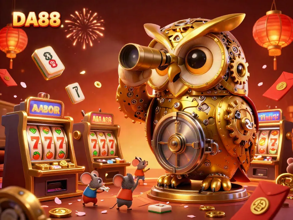 Engage in thrilling gameplay with DA88 at a vibrant online casino scene featuring animated characters and festive decorations.