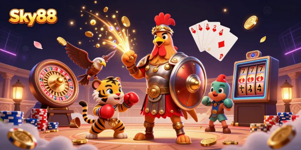 Experience the vibrant world of Sky88 with colorful characters and casino themes in an exhilarating gambling scene.
