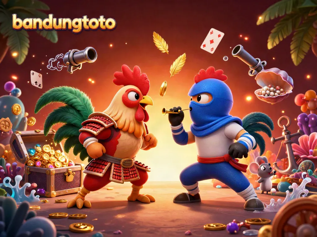 Engage with bandungtoto as roosters battle in a vibrant casino scene filled with treasures and excitement.