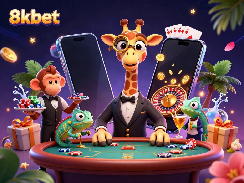 Play engaging games at 8xbet with a giraffe in a suit, chips, and drinks in a lively casino scene.